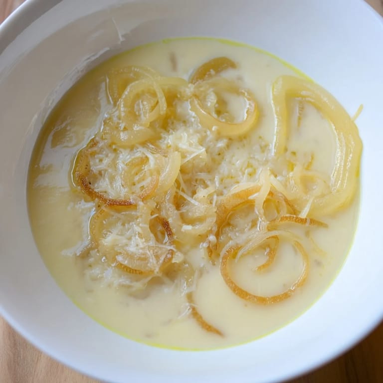 Rich and savory German Cheese and Onion Beer Soup, with caramelized onions visible around the rich beer broth.