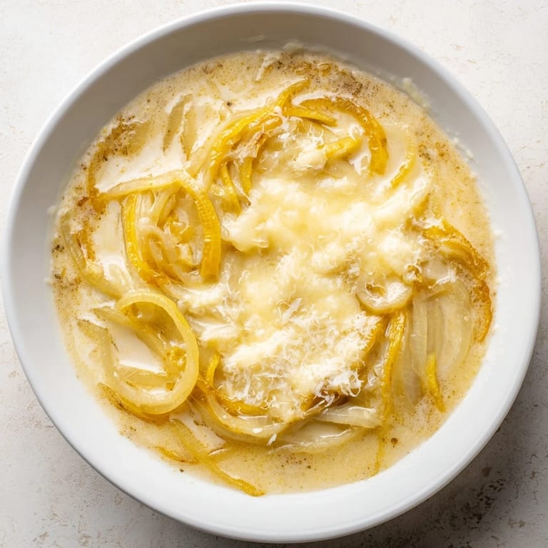 A close-up of creamy German Cheese and Onion Beer Soup with a sprinkle of cheese, perfect and delicious.