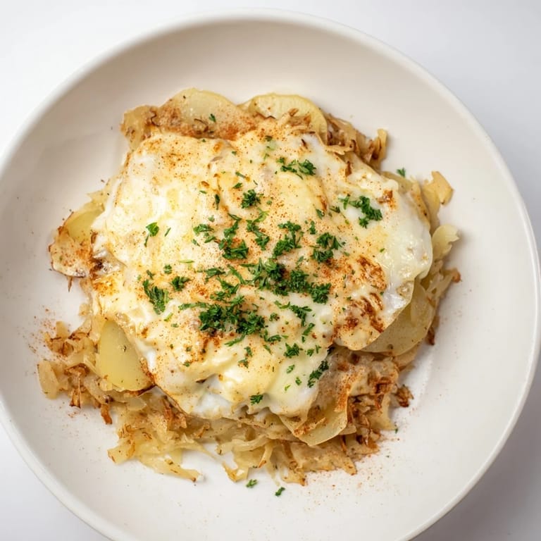 Hearty Effortless Sauerkraut Casserole, a comforting German meal with layers of potatoes and savory sauerkraut.