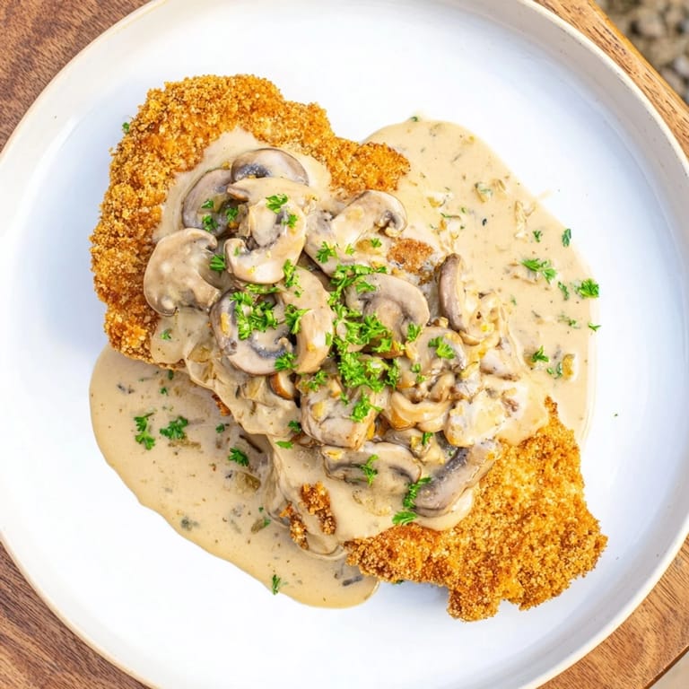 A close-up of tender Jaeger Schnitzel, beautifully coated, with creamy gravy and fresh parsley.