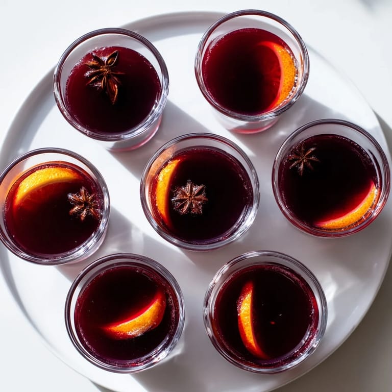 Tiny glass brimming with 5-Minute Express Glühwein, garnished with orange, a quick festive treat for any winter get-together.