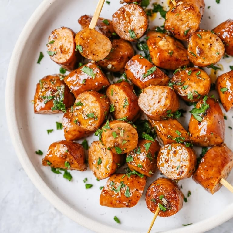 Golden-brown Air Fryer Sausage Appetizer pieces are arranged on a platter ready for serving.