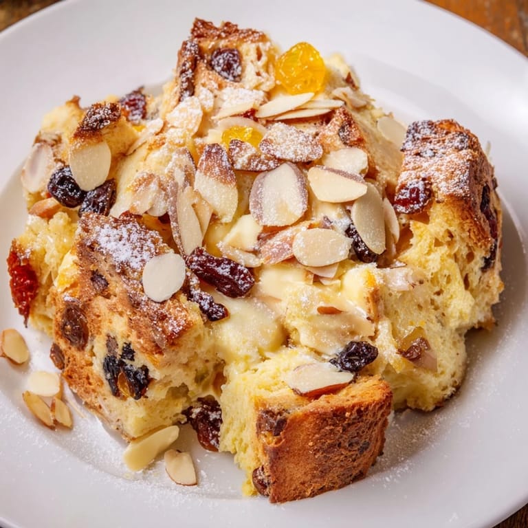 A close-up of Quick Christstollen bread pudding, showing moist bread soaked in custard and almonds.