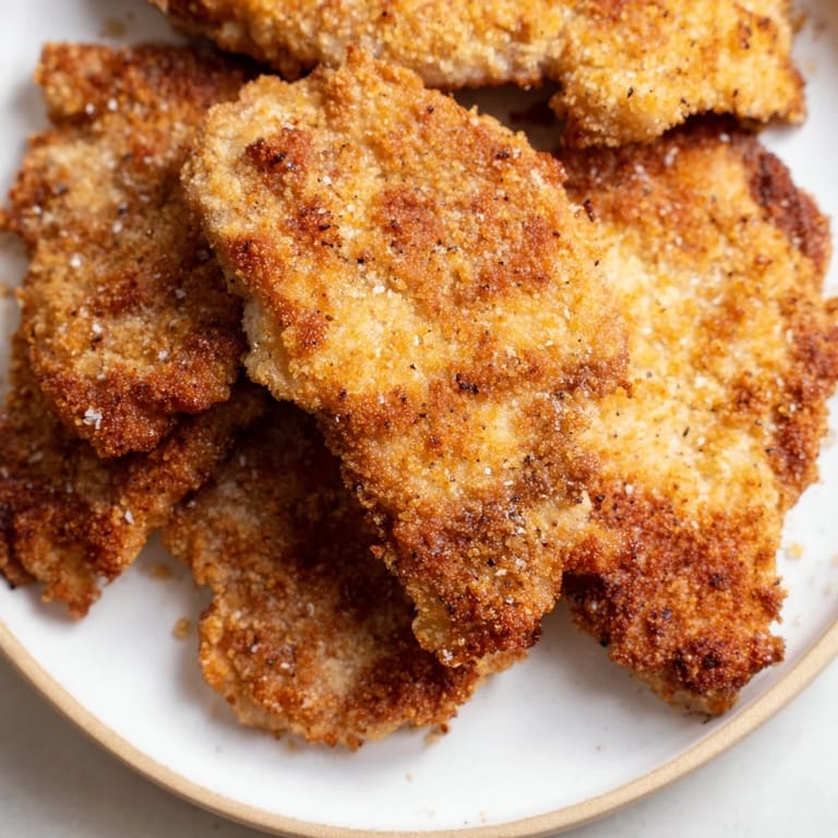 Close-up of perfectly cooked Air Fryer Schnitzel cutlets with visible breading, ideal for a quick, delicious dinner.