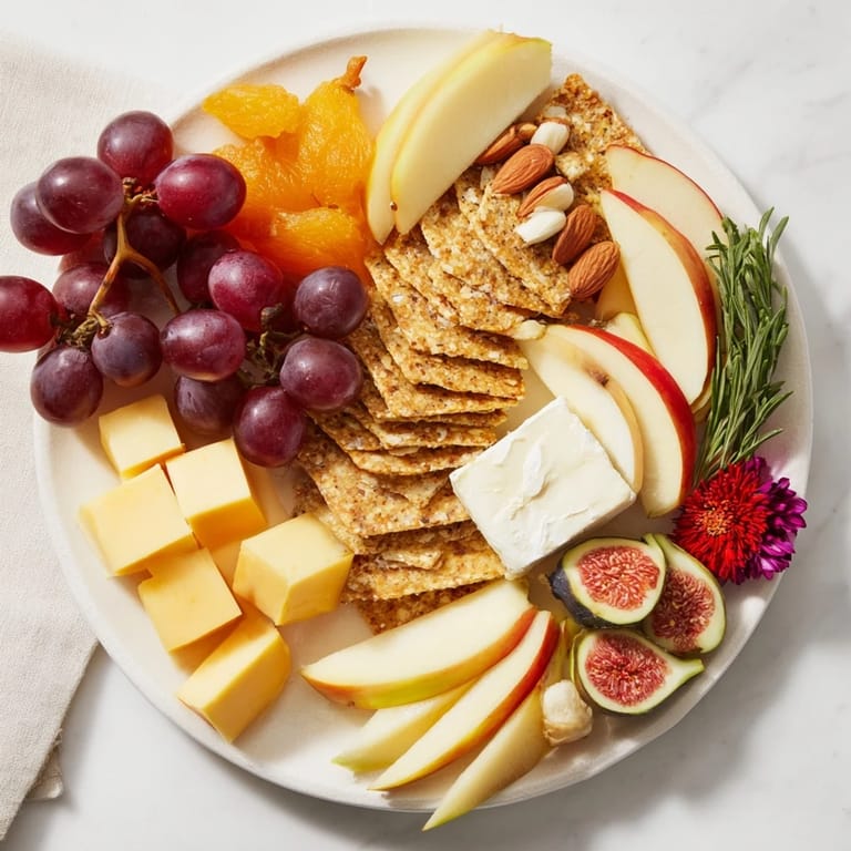 Close-up of a delightful Golden Wheat Bundle Board brimming with grapes, cheeses, and roasted almonds.