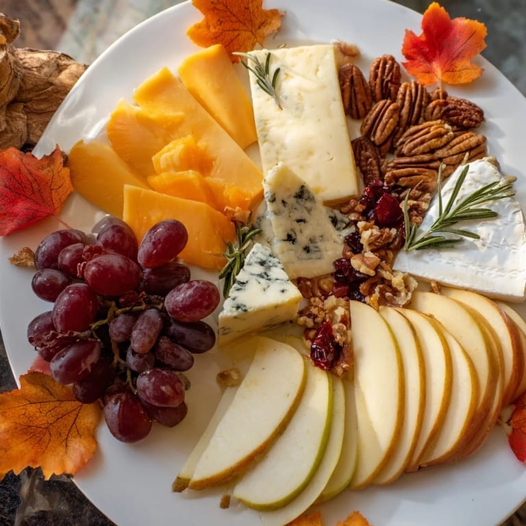 A gorgeous view of an Autumn Leaf Cheese Platter, arranged with fresh fall garnishes, ready to serve.