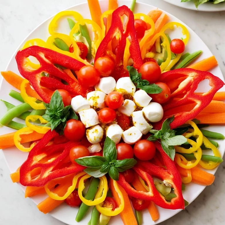 Holiday Festive Poinsettia Platter with red pepper "petals" and mozzarella, ready as a delicious appetizer.