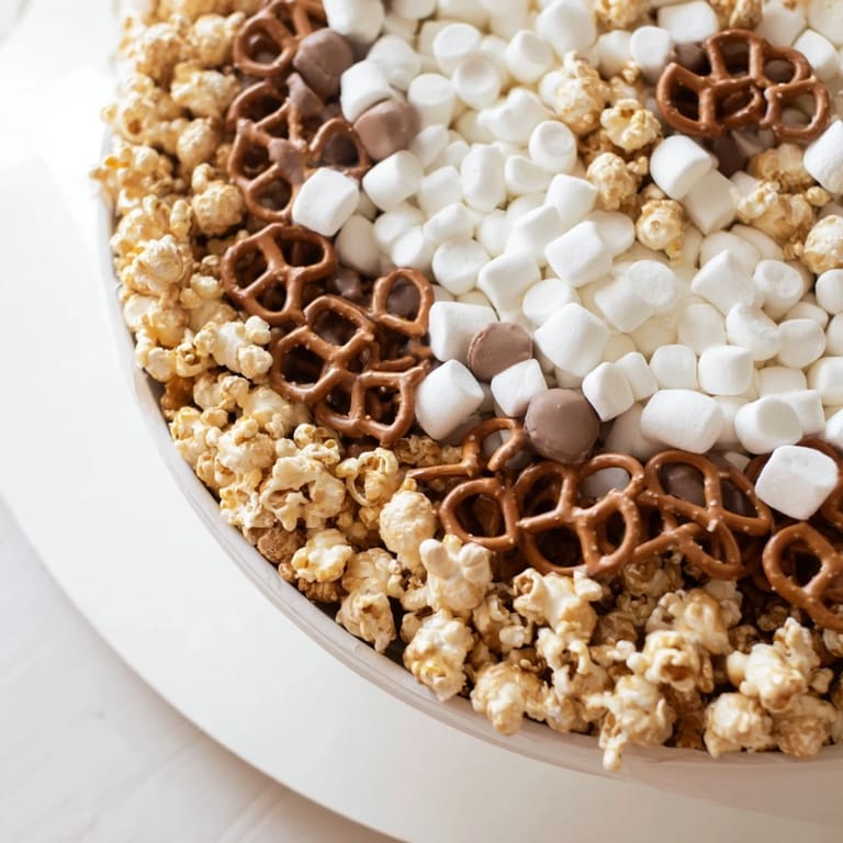 A close-up of a festive Candy Corn Spooky Board, stacked with a variety of sweet and savory snacks.