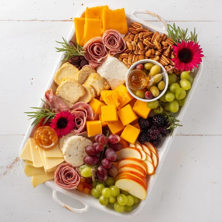 Serve this beautiful Maple Leaf Grazing Tray: a delicious appetizer of cheese, charcuterie, and fresh fruits.