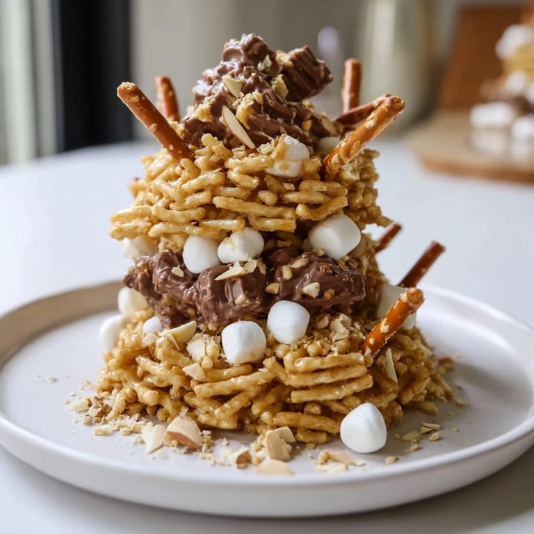Stacked Haystack Candy Tower: sweet, no-bake dessert with butterscotch, pretzels, peanuts, and coconut.