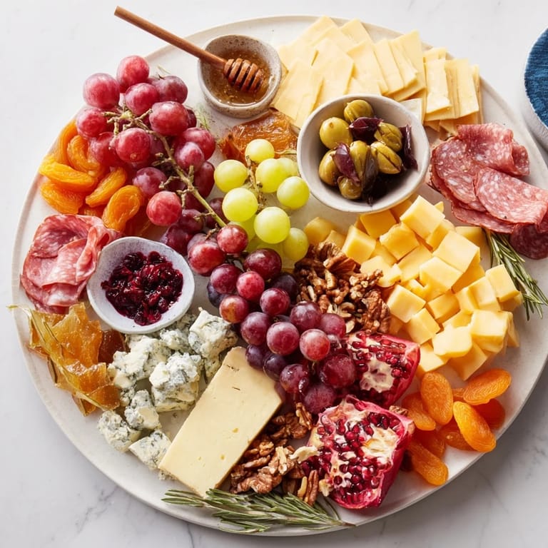 This Christmas 2025 Festive Grazing Board presents a delicious array of cheeses, crackers, and fruits for sharing with friends.