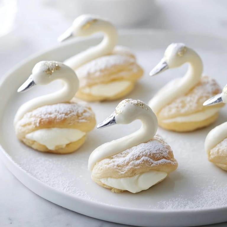 Close-up of freshly glazed Elegant Swan Petit Fours, glistening and piped with cream.