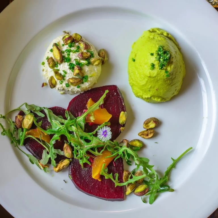 Vibrant photo of plated Lucky Clover Seasonal Starters, featuring green pea puree and beet carpaccio.