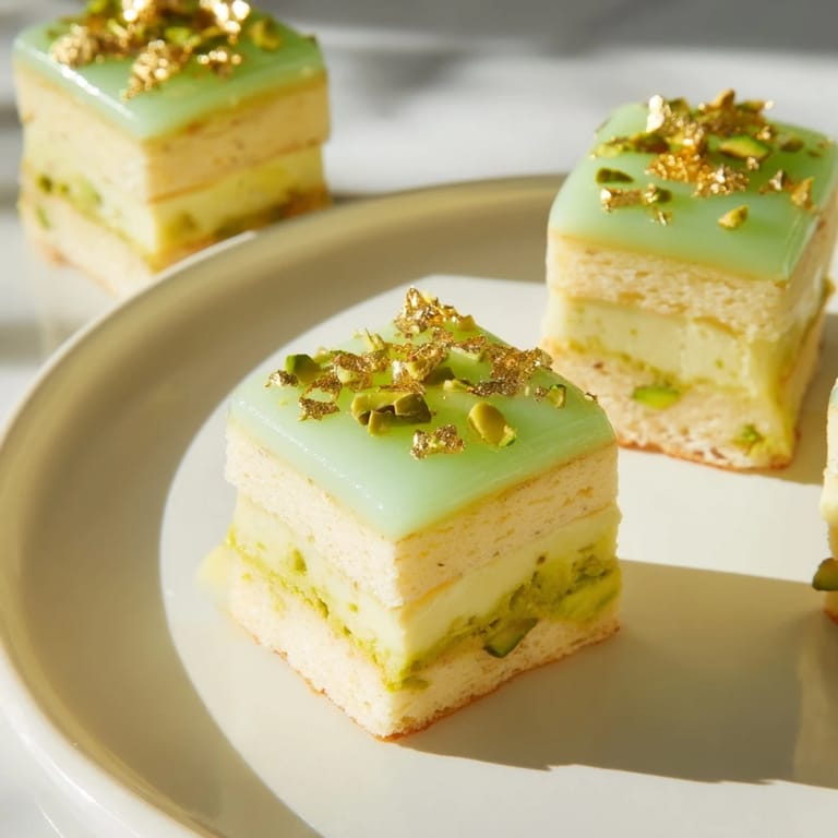 Zarte, mehrschichtige Grenouille Royale Petits Fours mit Pistaziencreme, serviert zu einer Tasse Earl Grey Tee.