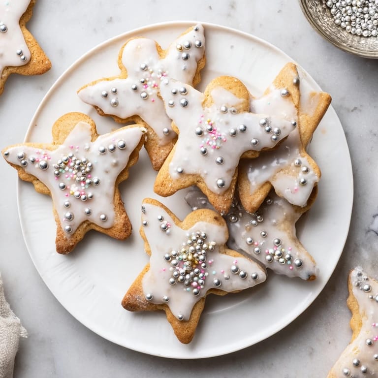 Close-up of delicately decorated Biscuits Anges de Noël with edible pearls, ready to be enjoyed.
