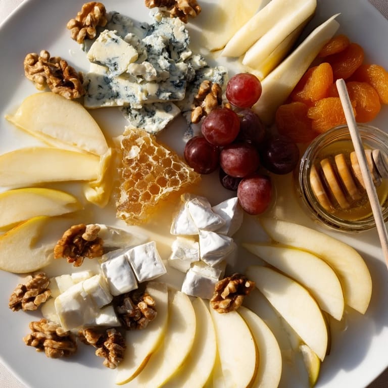 This Honeycomb, Honey & Cheese Board features a delightful mix of cheese, honey, and fresh fruit.
