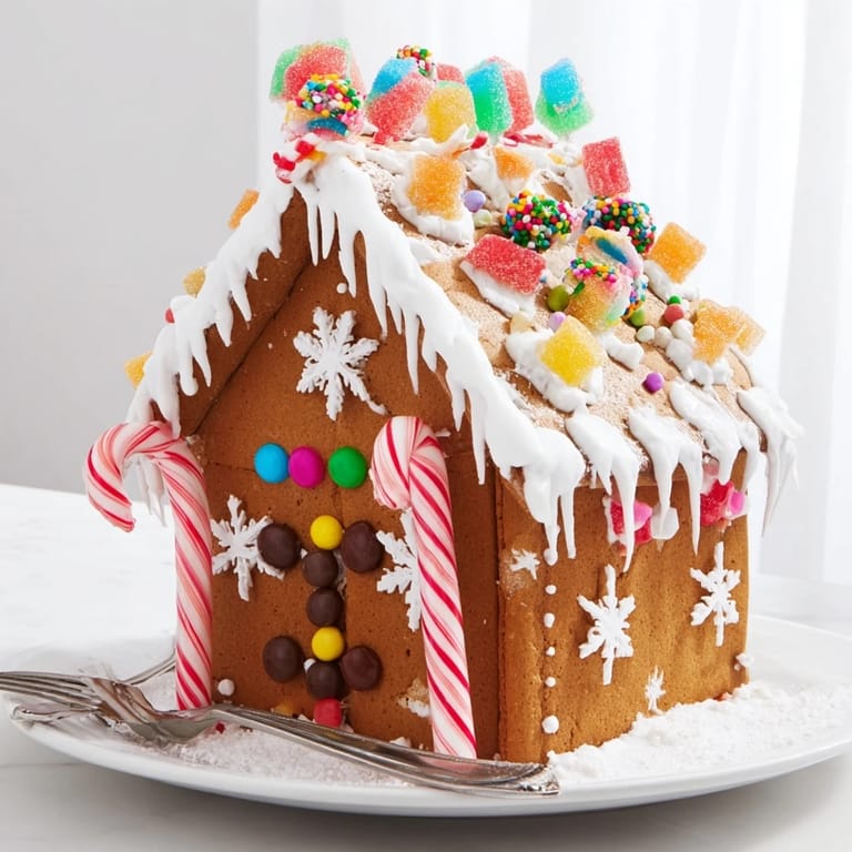 This gingerbread house photo showcases colorful candies skillfully placed on sturdy baked panels.