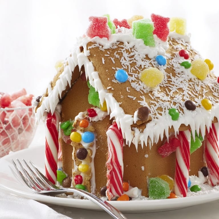 Homemade gingerbread house with a snowy roof, perfect dessert for the holidays and families.