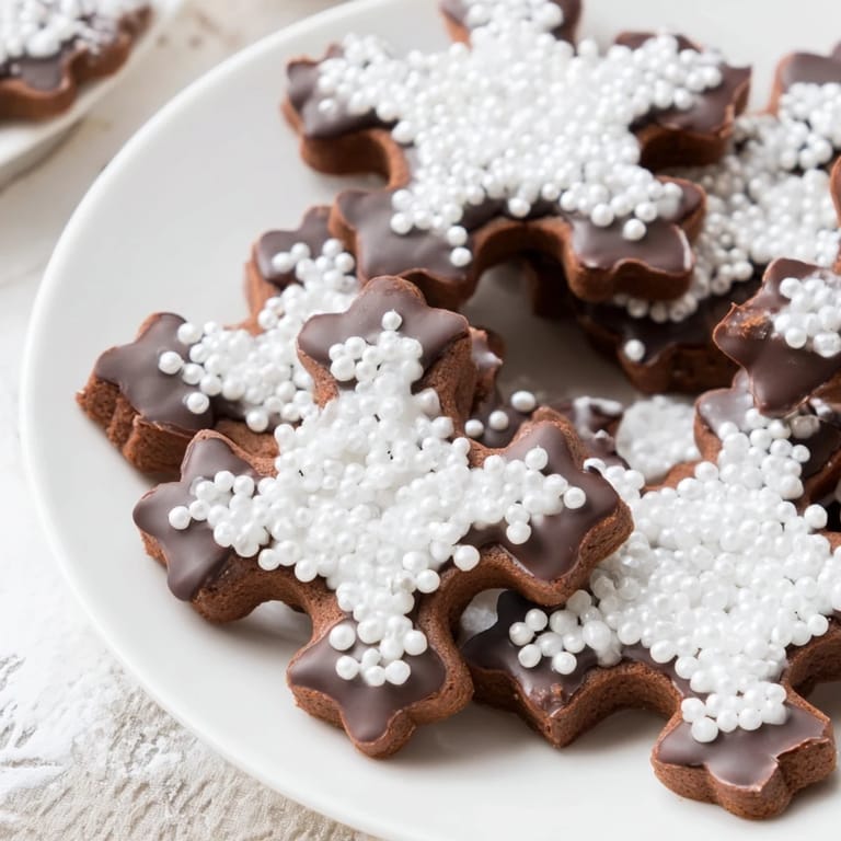 Golden Winter Snowflake cookies, adorned with white chocolate and silver sprinkles, a delectable dessert.