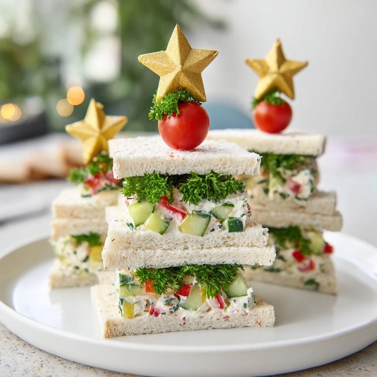 Freshly made Stacked Star Christmas Tree Sandwiches, layered with cream cheese, vegetables, and star toppers, ready to eat.