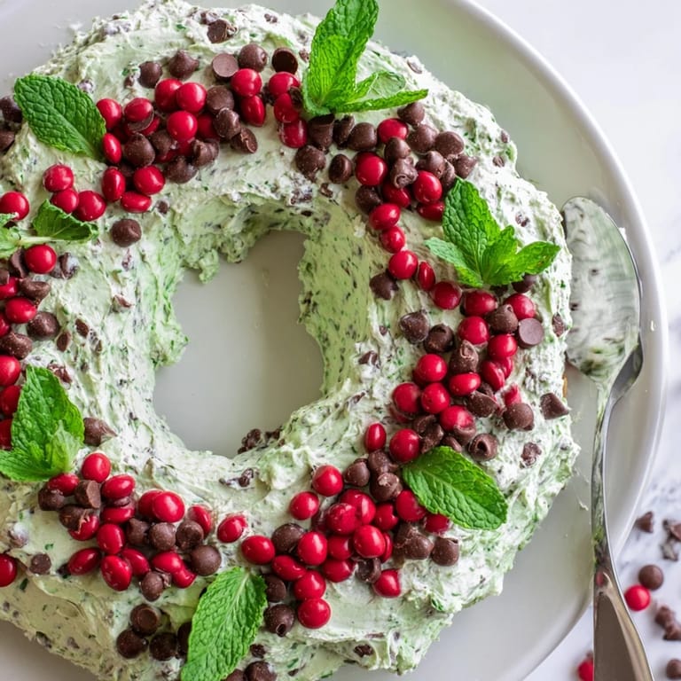 A beautiful close-up of a holiday Mint Chocolate Chip Dip Wreath with chocolate, perfect for parties.