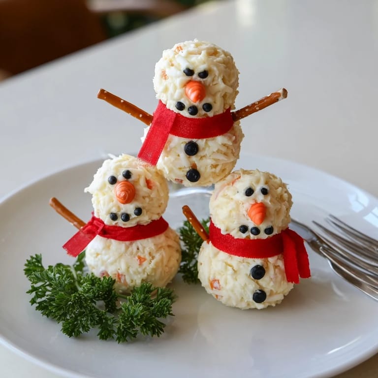 Trio of charming Snowman Cheese Balls, a creamy and flavorful appetizer with fresh vegetables for serving.