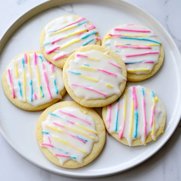 Golden-brown sugar cookies topped with a smooth, vibrant icing drizzle and ready to serve.