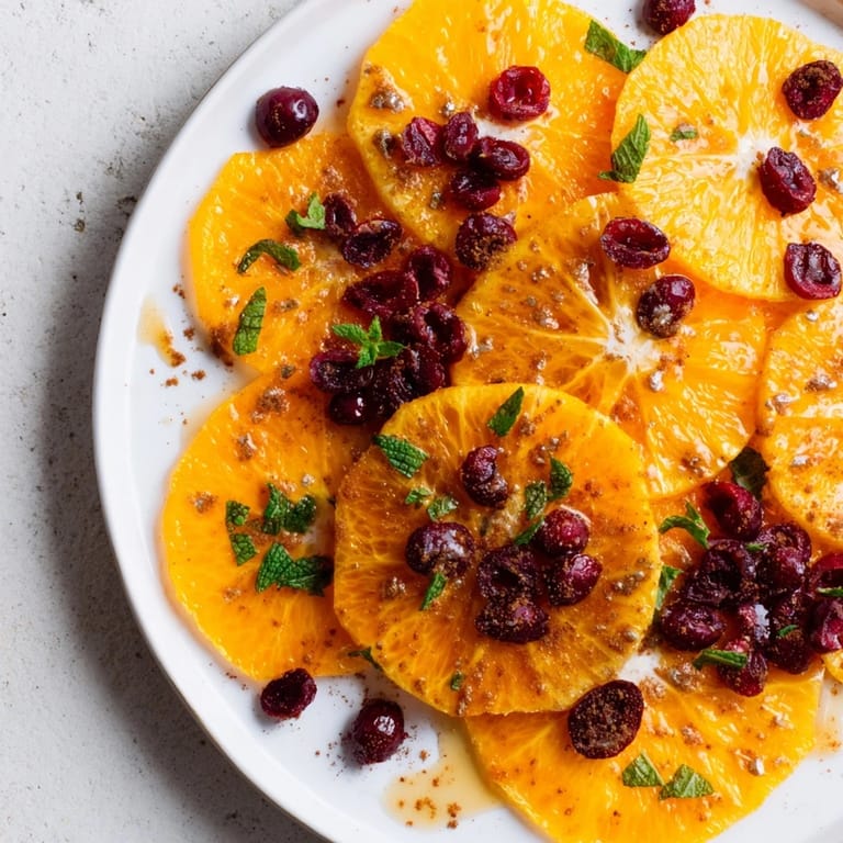 Saftige Orangen Scheiben und knallrote Cranberries bilden eine erfrischende Winterfruchtplatte, appetitlich angerichtet.