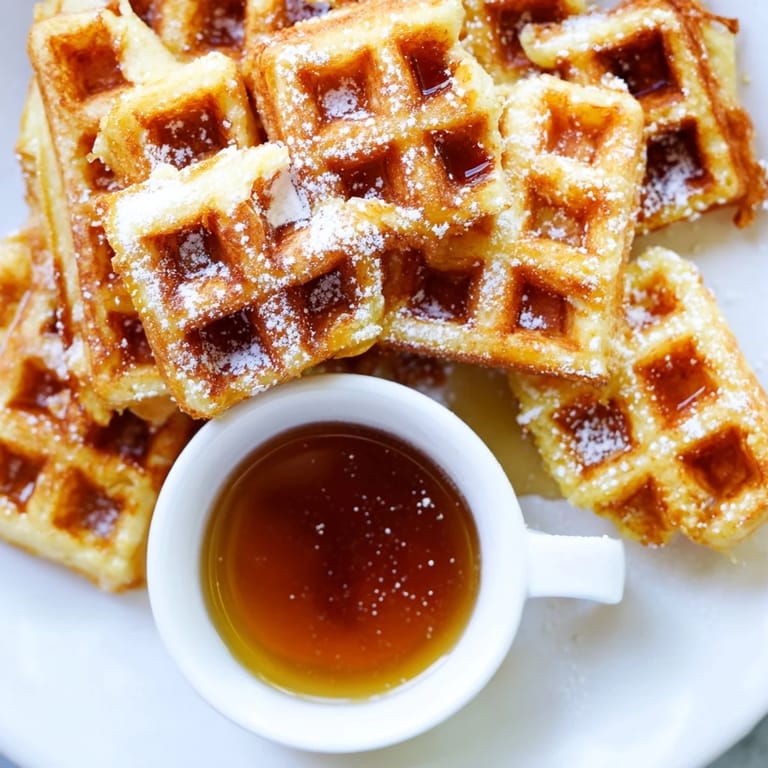Crispy, delicious waffle quarters alongside a sweet maple syrup dip, ideal for sharing.