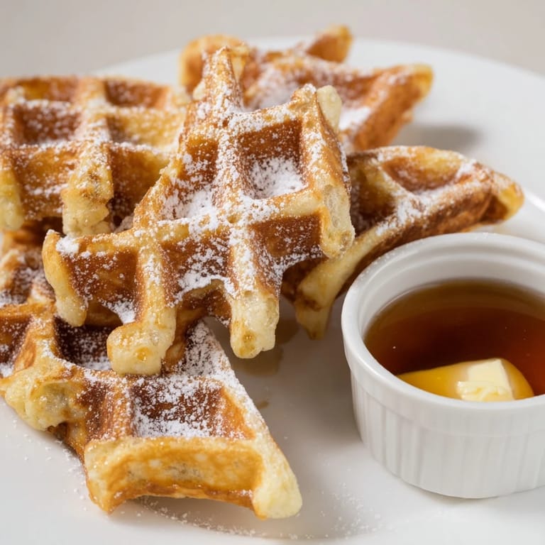 Image of golden-brown waffle quarters, perfect for dipping in the homemade syrup dip bowl now.