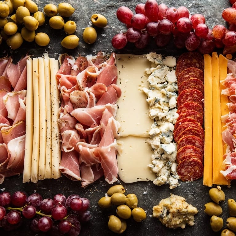 Straight lines of meats and cheeses make up this appealing Industrial Slate charcuterie board, ready to serve!.