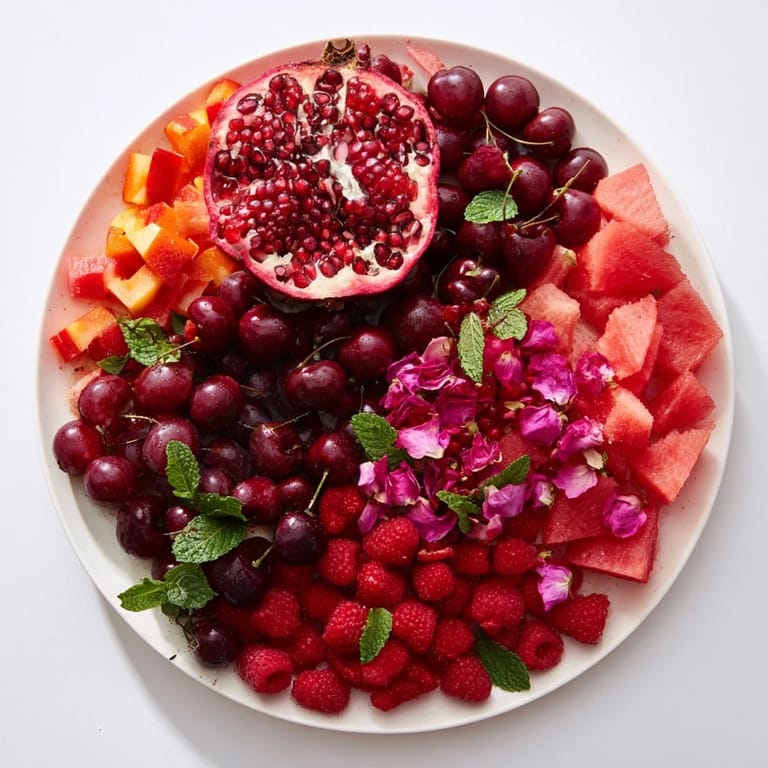 Vibrant The Pomegranate Pivot fruit platter showcases a colorful gradient of fresh red and pink fruits gracefully arranged.