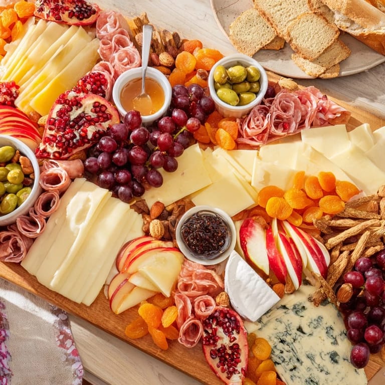 A close-up of a Cornucopia Harvest Board offers a tempting selection of cheeses and crackers for guests.