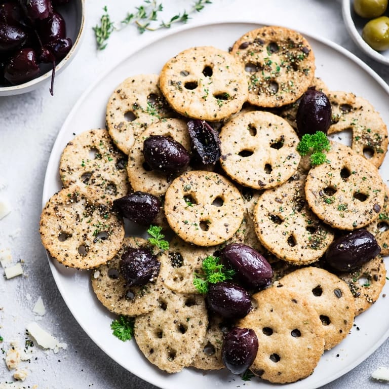 This delicious "Cobblestone Courtyard" appetizer features round crackers and mixed olives for a tasty bite.