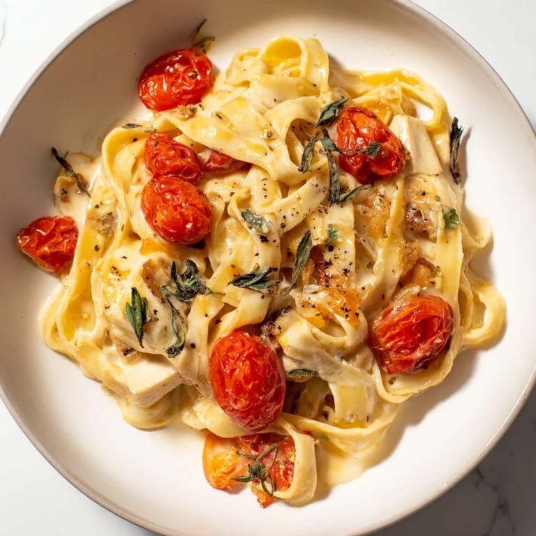 Creamy Baked Brie Pasta Sauce with melted brie, tomatoes, herbs, and silky fettuccine noodles.