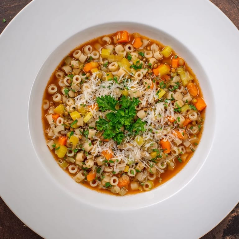 Close-up of a flavorful Ditalini and Lentil Soup; a beautiful vegetarian meal in a bowl.
