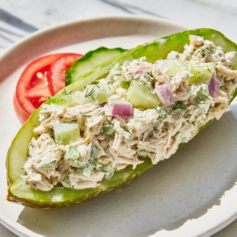 A close-up of a flavorful pickle sandwich with chicken salad, perfect for a refreshing lunch.
