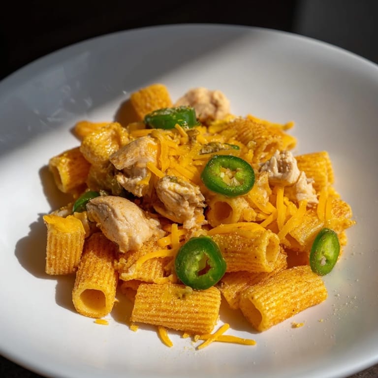 A close-up of cheesy Pasta Chip Nachos showing crispy pasta chips piled high with savory taco chicken.