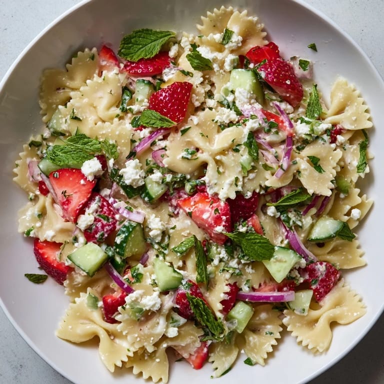 A close-up of Strawberry Feta Pasta, showing ripe strawberries and crumbled feta in a bright salad.