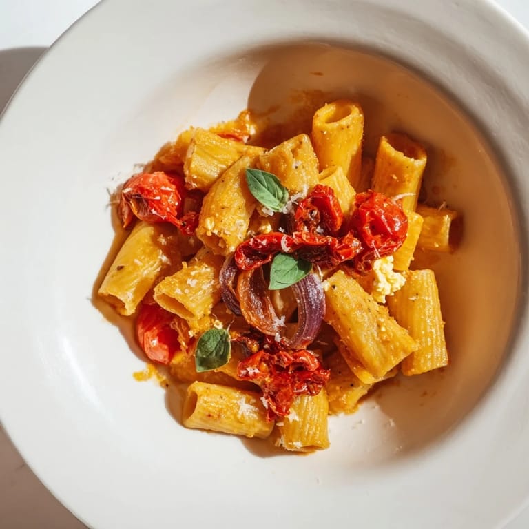 A close-up of baked feta pasta, with bursting tomatoes and fresh basil, ready to serve.