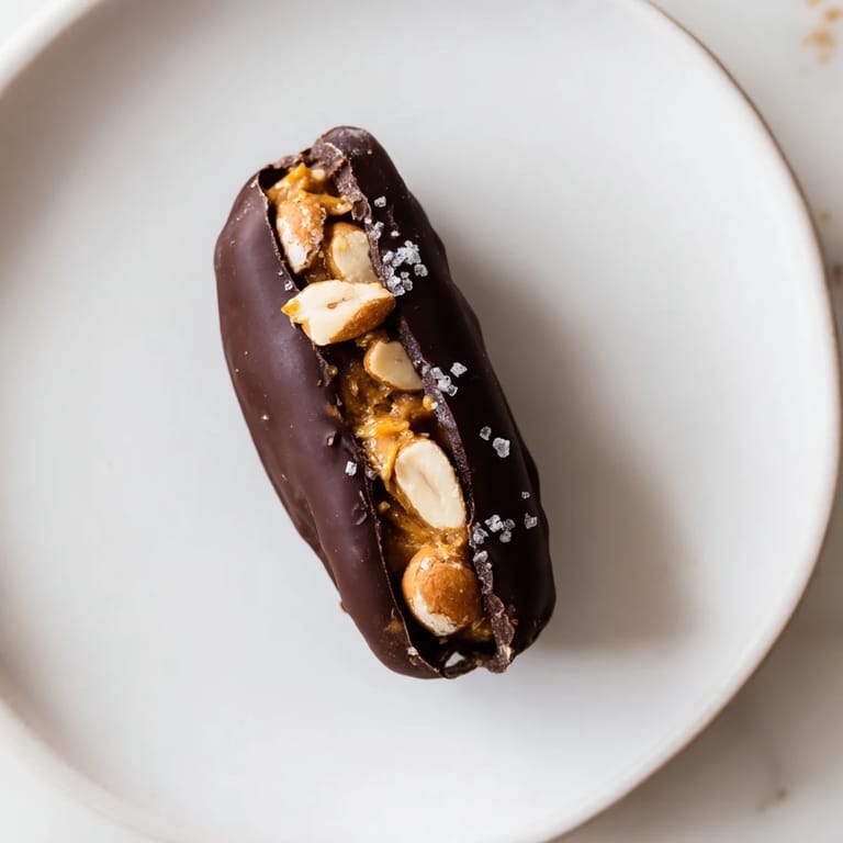 Close-up of a tray of Chocolate Date Snickers, prepared with a peanut butter filling and sea salt.