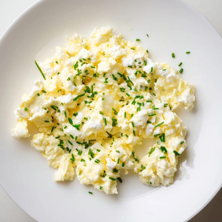 A close-up of fluffy cottage cheese scrambled eggs, garnished with fresh herbs, ready to be enjoyed.