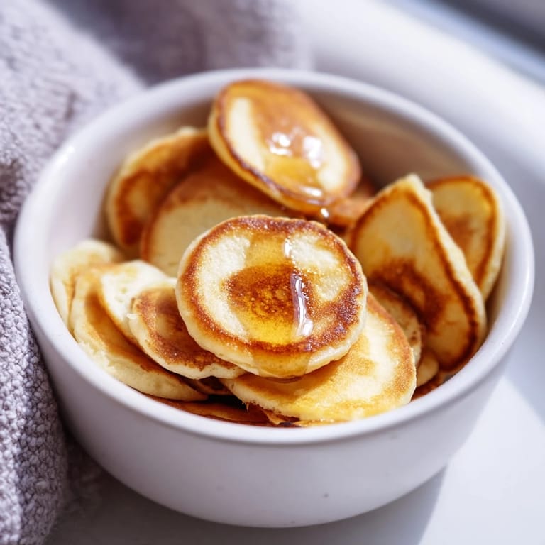 Golden brown fluffy pancake cereal, ready to be enjoyed with a sweet maple syrup drizzle.