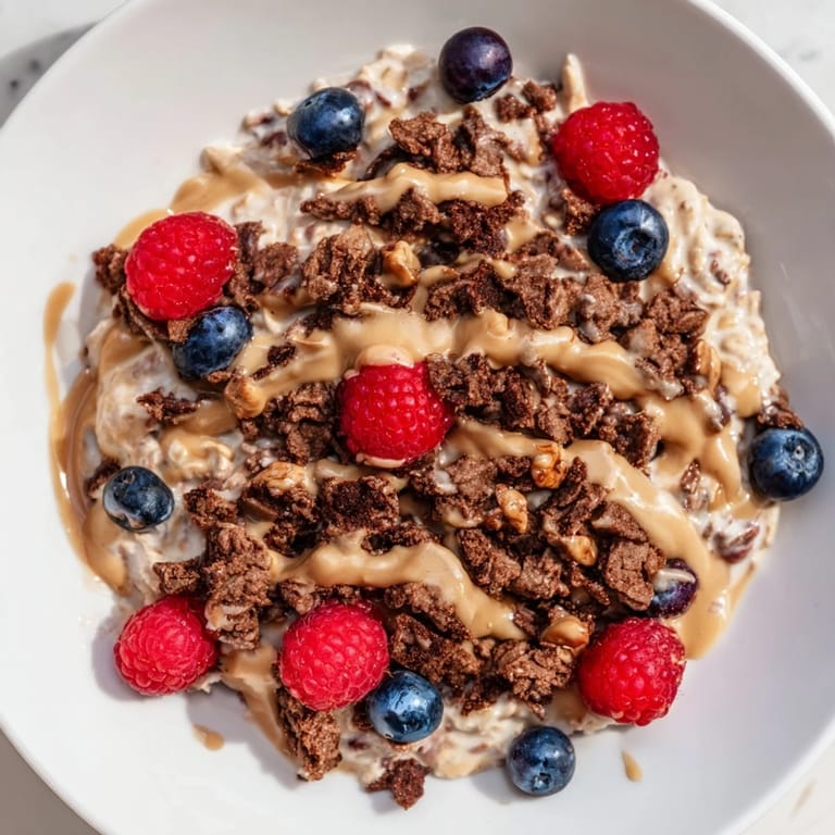 A delightful bowl of overnight oats gourmet makeover, showcasing cookie crumbles and a nut butter drizzle.
