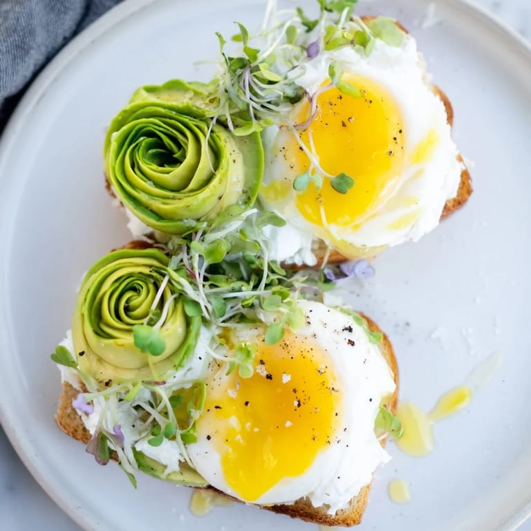A close-up of delicious Cloud Toast 2.0, showing the soft egg white clouds and fresh microgreens.