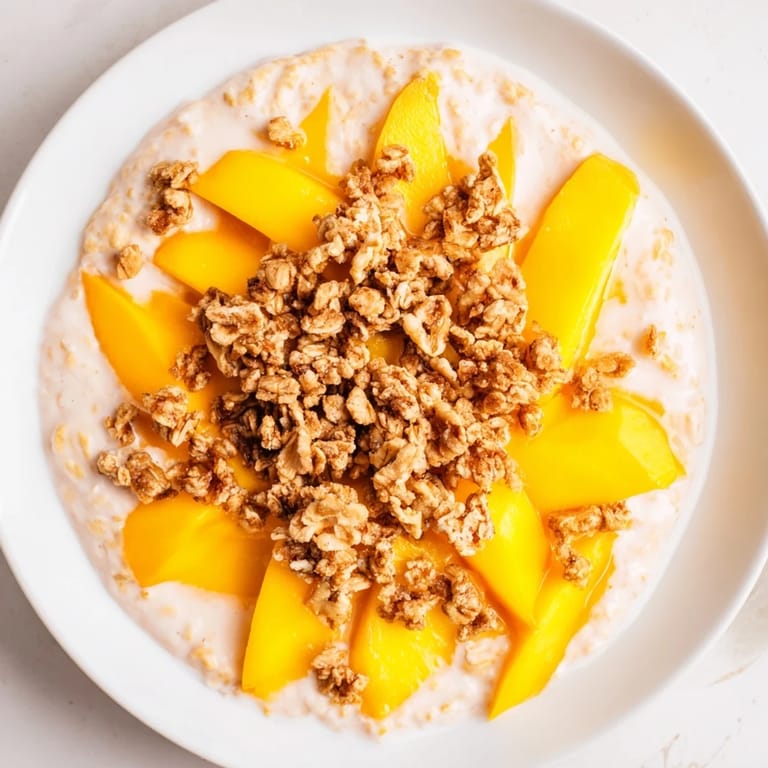 A close-up of a jar filled with refreshing Mango Blended Overnight Oats, garnished with fresh mango.