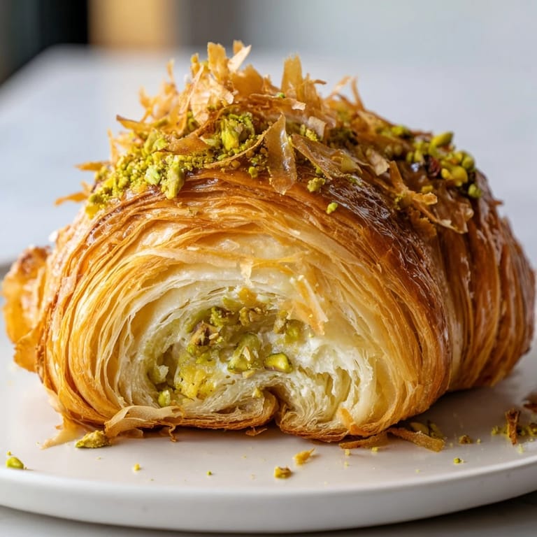 Close-up of a Pistachio Cream Croissant, showing its rich, pistachio cream filling and crunchy layer.