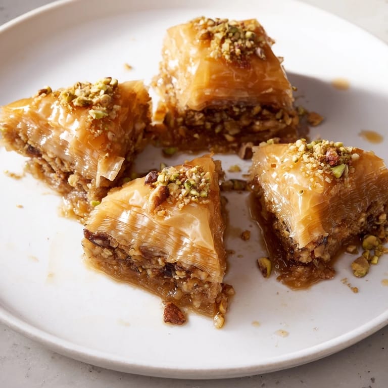 Close-up of freshly baked Turkish baklava, showcasing flaky layers and a sweet honey glaze.