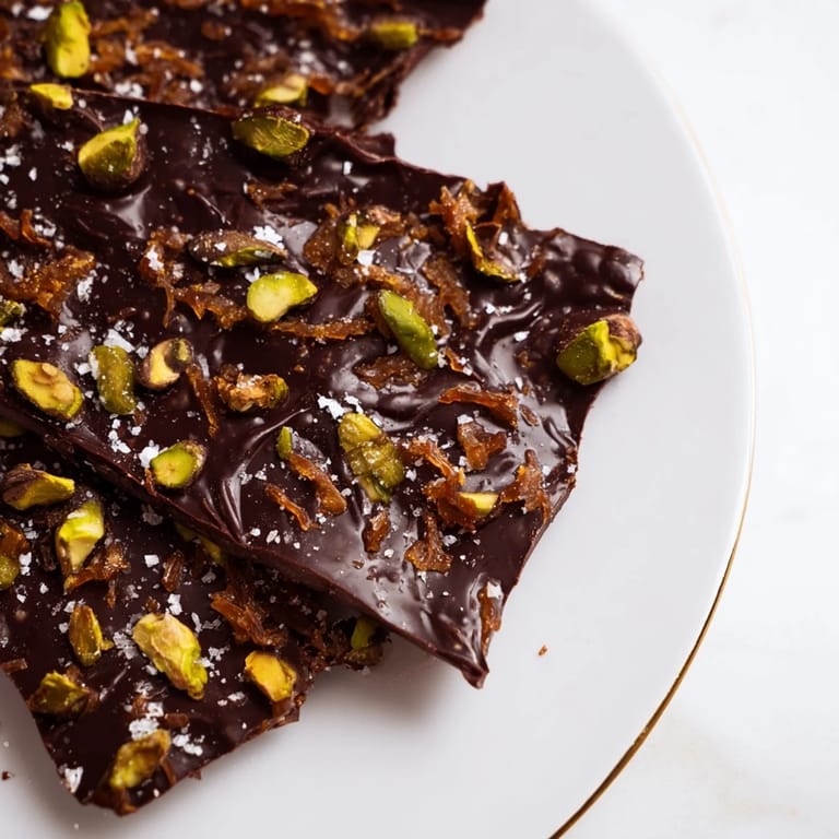 This photo features the beautiful Kataifi Chocolate Crunch Bark, sprinkled with sea salt and nuts.