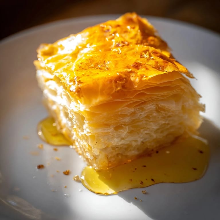 Close-up of crispy, golden Moroccan Msemen, perfect for dipping in warm, golden honey.